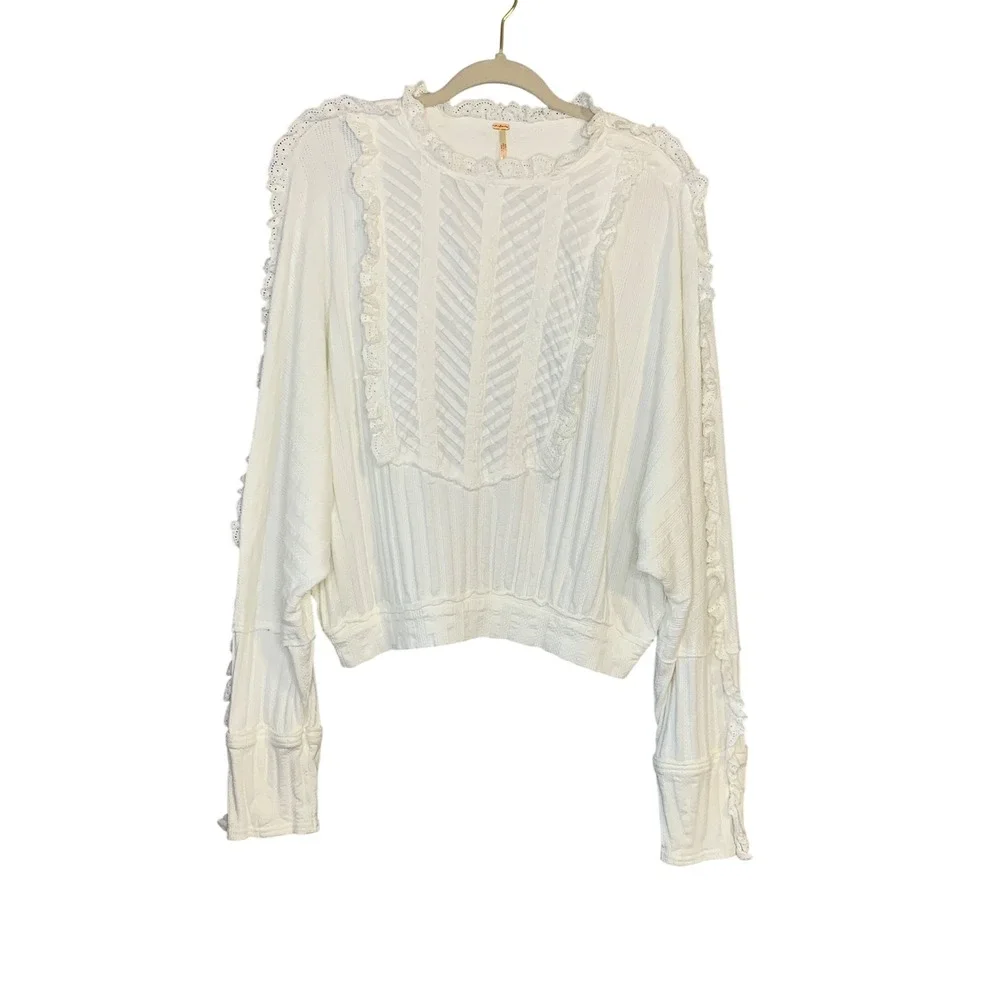 Free People Cottage-core More Romance Top Ivory Ruffle Trim Long Sleeve Blouse L